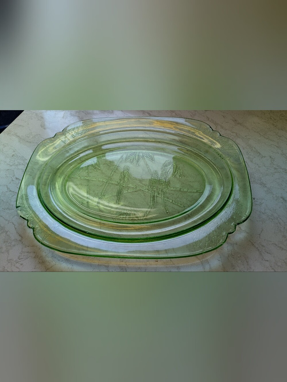 Vintage Green Uranium Glass Platter - Federal Glass Sylvan - Elegant Home Dining